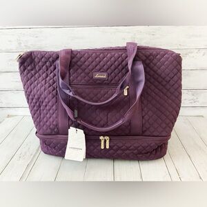 Large Capacity Quilted Plum Travel Weekender Bag, carry on bag, shoe compartment